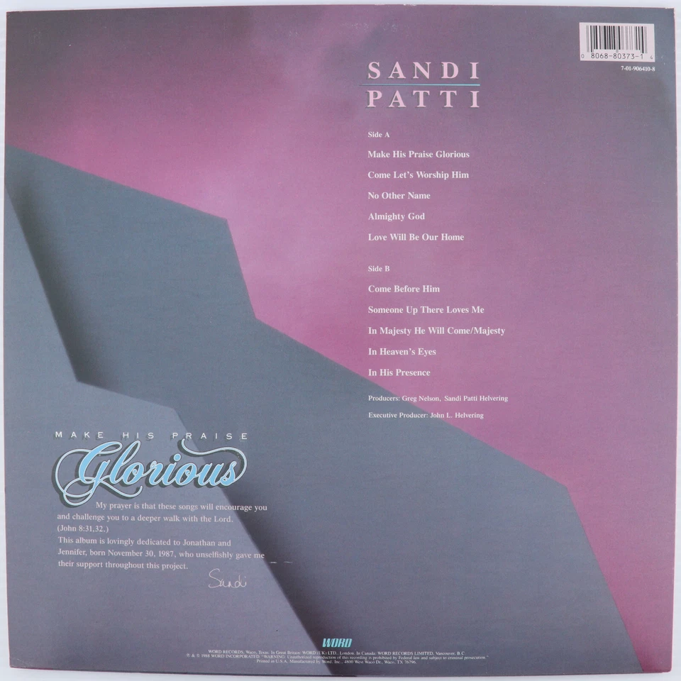 Sandi Patti – Make His Praise Glorious - 1988 12" LP Vinyl Record 7-01-906410-8 - Image 2 of 4