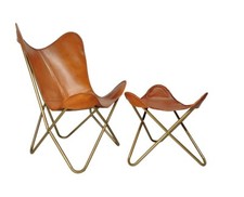 Handgefertigt 100% Leder Lounge Schmetterling Stuhl Mit Fußhocker Relax Sessel