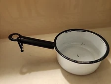 VTG VOLLRATH WARE WHITE ENAMEL  CUP SAUCE PAN BLACK TRIM USED SEE PICS SOME WEAR