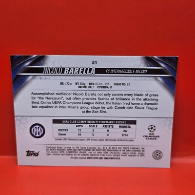 2024 TOPPS CHROME UEFA #51 NICOLO BARELLA AQUA WAVE REFRACTOR FC