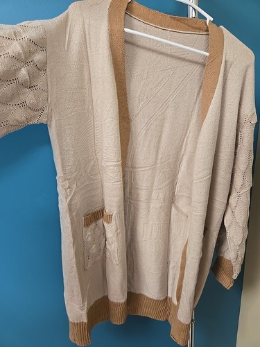 Size Medium Women's Long Open Front Cardigan Crochet Pockets & Long Sleeves Tan - 第 4/11 張圖片