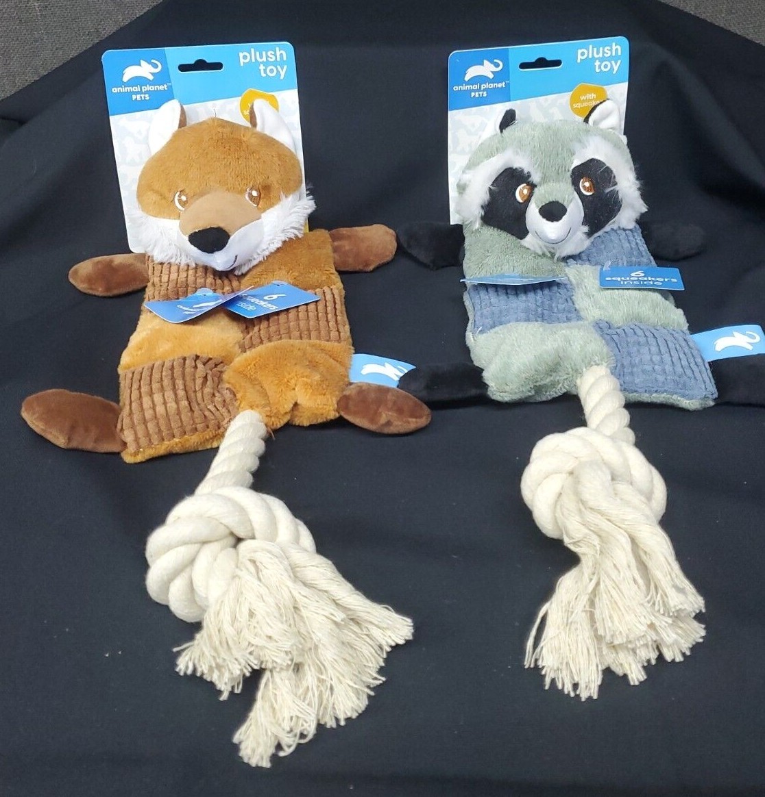 Animal Dog Toy w/6 Squeakers & Rope CHOICE of Fox OR Raccoon