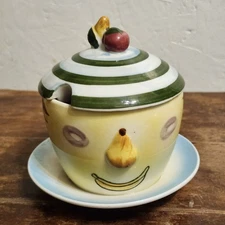 Vintage Jam Condiment Jar Bowl With Lid Anthropomorphic Face Fruit Vegetable 