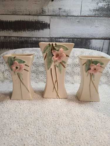 Trio of McCOY BLOSSOM TIME VASES,  Ivory with Pink Raised Dogwood Flowers