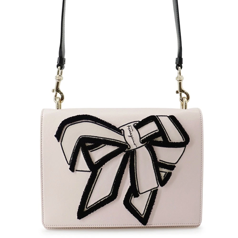 Ferragamo — Ferragamo Ribbon Pattern Flap Shoulder Bag Leather Light Pink/Black 21G906