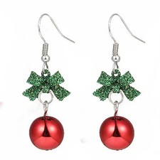 Christmas Theme Dangle Drop Earrings Enamel Silver Bowknot 1.6 in Red E137
