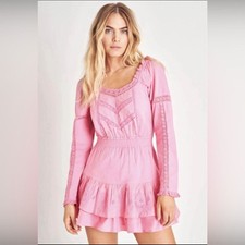 Loveshackfancy Pink Sanaya Tiered Lace Long Sleeve‎ Mini Dress XS