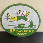 VINTAGE BP TWO STROKE SERVICE MOTOR CYCLE GASOLINE OIL PORCELAIN SIGN