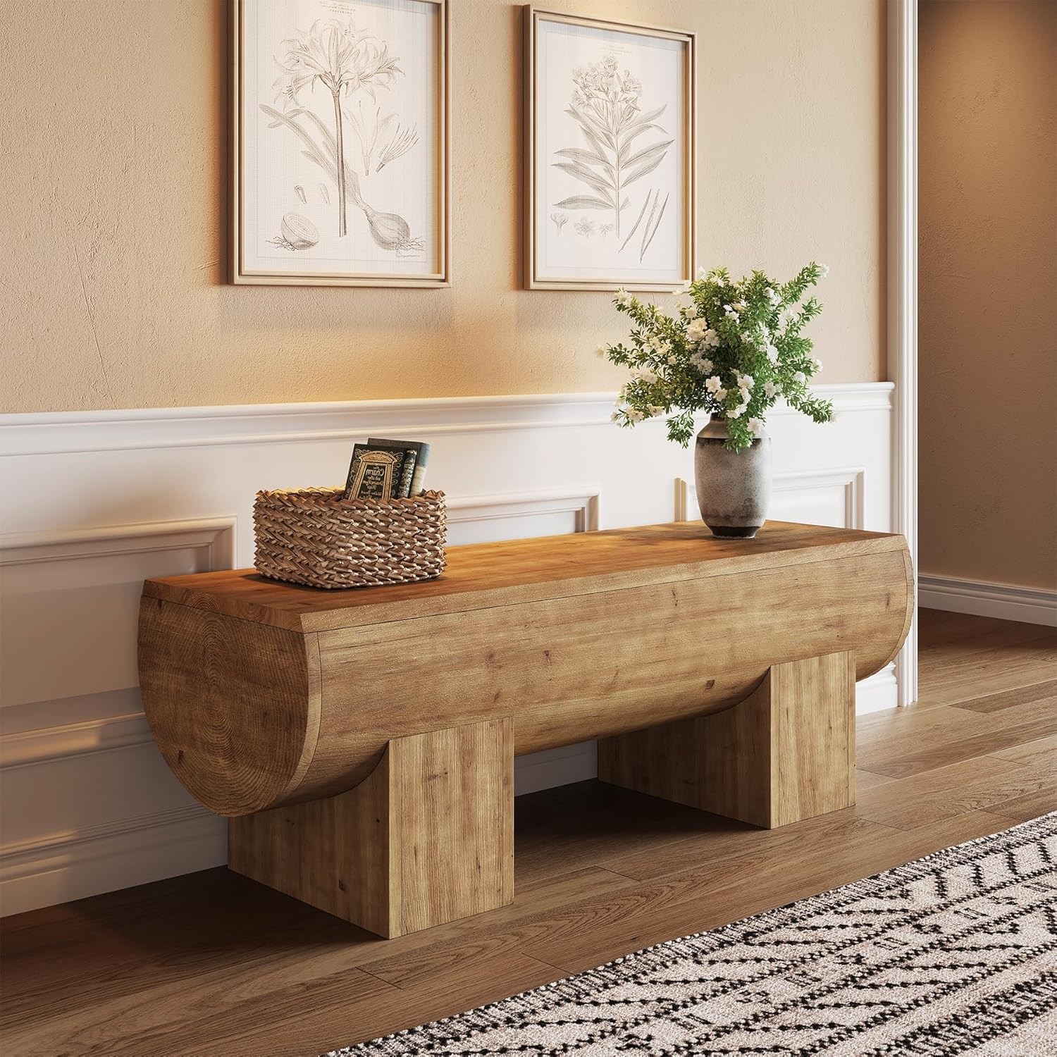 Wood Entryway Bench, 47" Farmhouse End of Bed Bench for Living Room, Bedroom