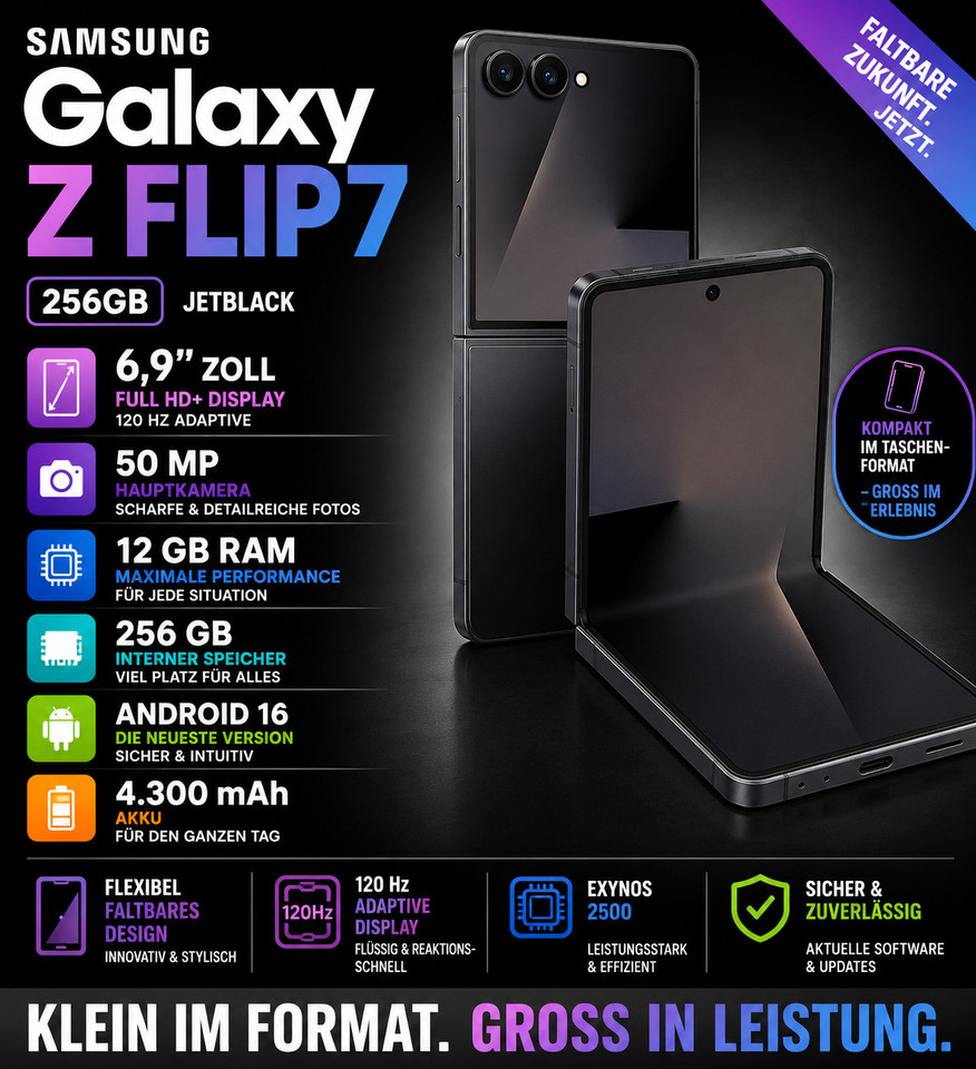 Samsung Galaxy Z Flip7 256 GB 6,9 pollici Full HD 120 Hz 50 MP 12 GB di RAM Jetblack
