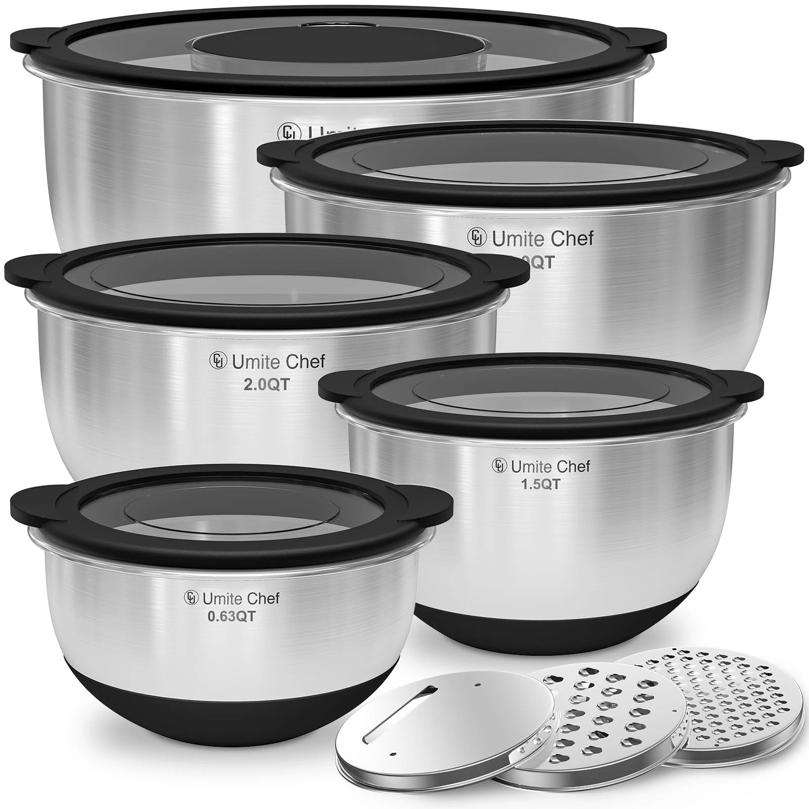 Mixing Bowles Set with Lids Set - Warp-Proof TPR-AS Lids, Stainless Steel Mixing Bowl with 3 Graters & Measuring Lines, Non-Slip Bowls for Baking, Prep, Airtight Food Storage (Khaki 5/3/2/1.5/0.63QT)