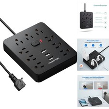Surge Protector Power Strip 9 Outlets 3 USB Ports Flat Plug 5ft Extension Cord