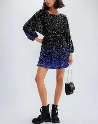 Desigual Kleid schwarz blau Pailletten Mini Ombre Party Night Out glitzernd S 22WWVW64