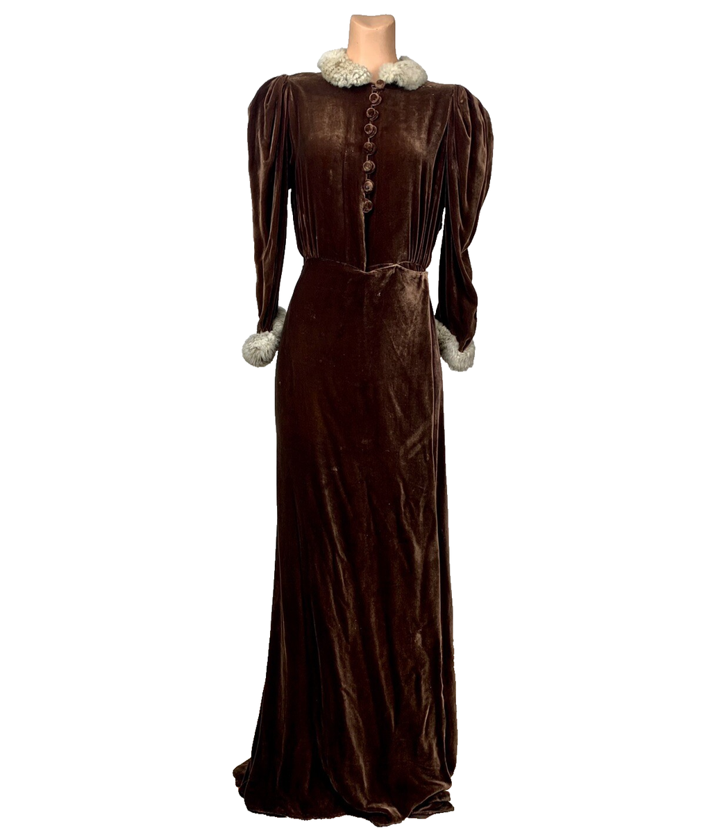 Antique 1930s 1940s Brown Silk Velvet Dressing Gown Robe Fur Collar Cuffs  AS IS