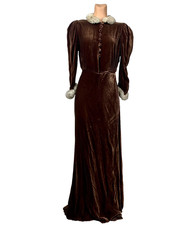 Antique 1930s 1940s Brown Silk Velvet Dressing Gown Robe Fur Collar Cuffs AS IS