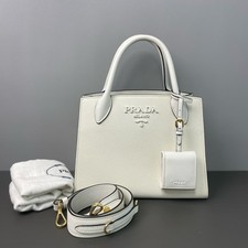 AUTH Prada White Saffiano Leather Structured Tote Bag With Detachable Strap