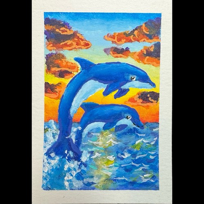 #ad ACEO Original Acrylic Painting 2.5x3.5 Dolphins Jumping Out Of Water At Sunset $6.25