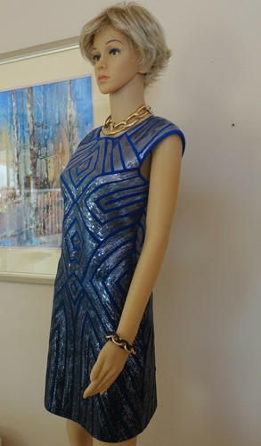 NWOT BCBGMAXAZRIA Royal Blue/Silver Sequin Sleeveles Bodycon Cocktail Dress Sz M - Picture 5 of 10