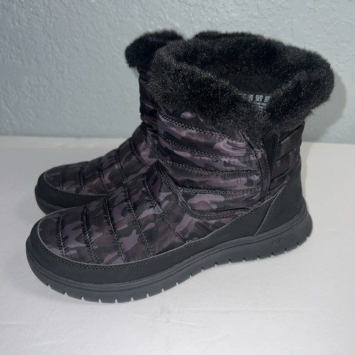 Ryka Suzy Winter Bootie Boots Black Camo Print Fabric Suede Slip on Size 6.5M