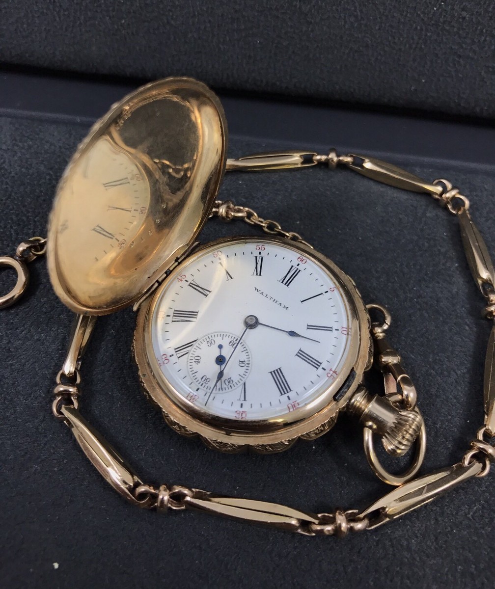 14K SOLID GOLD AMERICAN WALTHAM POCKET WATCH WITH CHAIN 15J Antique Waltham 15j 6s Pocket Watch 14k Yellow Gold Diamond  main image 2