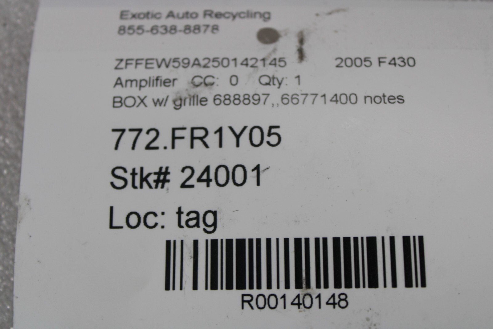Ferrari F430, Interior Amp Box w/Grille, Smoke Dmg, Used, P/N 688897