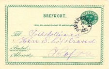 SCHWEDEN 1897, "FINNERÖDJA" K1 glasklar a. 5 (FEM) Öre grün GA-Postkarte, Kab.
