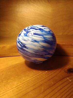 Oregon Coast Hand Blown Art Glass 5'' Float Blue White Ball 