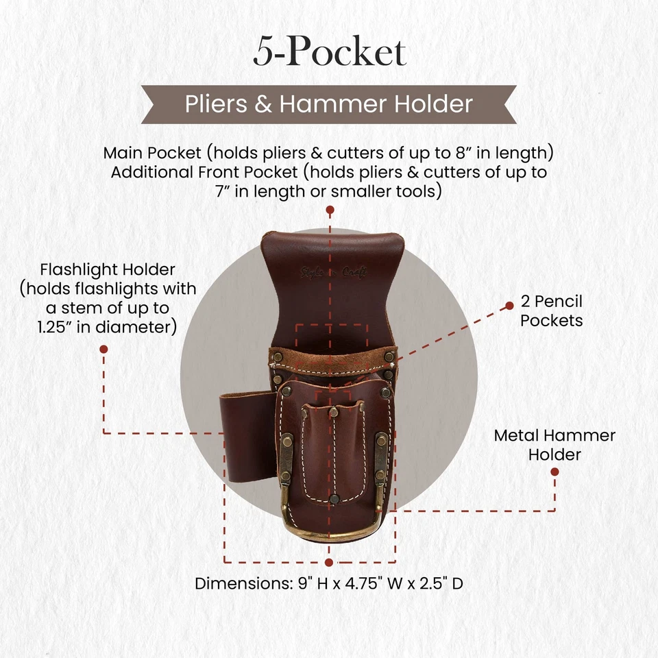- 5 Pocket Pliers and Hammer Holder, Full-Grain Leather Tool Pouch, Multi Too... - Image 3 of 4