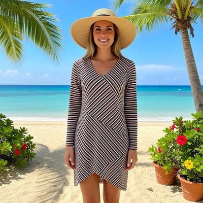 New Women L Striped Midi Hi Low Dress LongSleeve V Neck Stretch Pullover Comfort