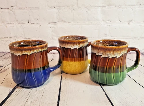 Vintage Drip Glaze Brown Two Tone Studio Art Pottery Mugs Cups Taiwan set of 3