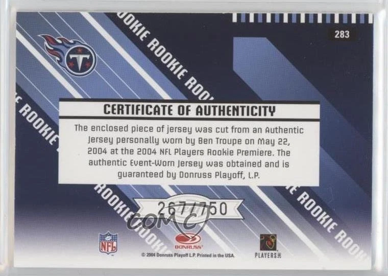 2004 Leaf Rookies & Stars Rookie Jersey /750 Ben Troupe #283 RC - Image 2 of 2