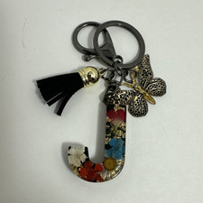 Handmade Resin Letter J L Key Chain Butterfly Floral Black Tassel Women