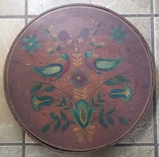BEAUTIFUL ANTIQUE PRIMITIVE WOODEN ROUND BOX w/HANDLE~FIRKIN~PAINTED DECORATION