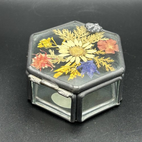 Hexagon Trinket Jewelry Box Leaded Glass Pressed Dried Flowers Florals - Picture 5 of 9