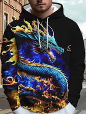 3D Blue Fire Dragon Hoodie Mythical Flame Art Graphic Pullover Sweatshirt Unisex