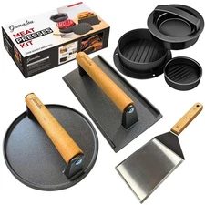 Smashed Burger Press BBQ Kit: 7" Round & 8.2x4.3 Rectangle Cast Iron Bacon Pr...