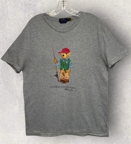 Polo Bear by Ralph Lauren Gray Fishing Bear T-Shirt Medium 21”x28.5” *READ