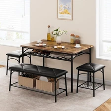 Kitchen Table Set for 4 Dining Table with Bench and 2 Square Stools Storage USA
