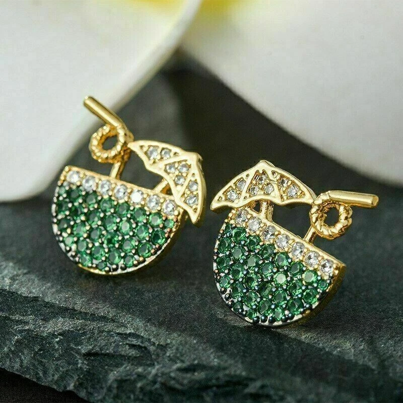 1.98 Ct Round Simulated Emerald Drink Glass Stud Earrings 14k Yellow Gold Plated - Image 2 of 4