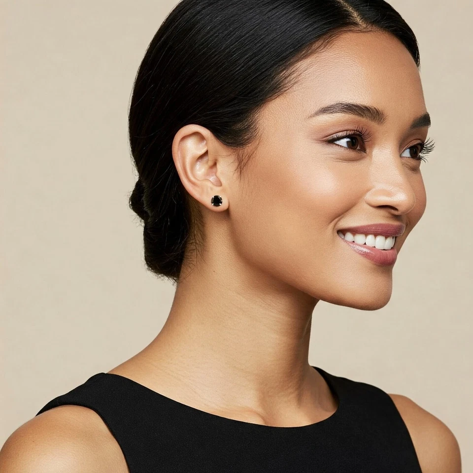 Aretes solitarios de oro macizo real de 14K de ónix negro circonita cúbica para dormir 3 mm-8 mm Foto 2 de 4