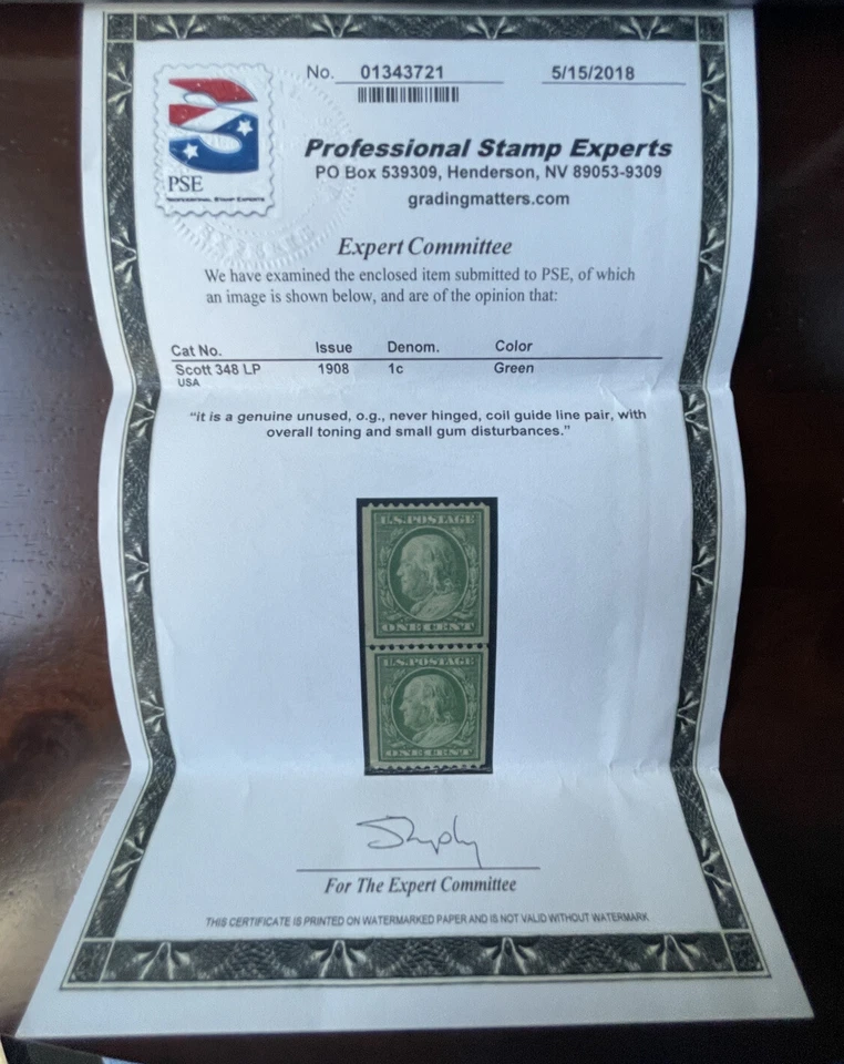 US  Stamps; Scott #348 Genuine Coil GUIDE LINE PAIR  M NH OG w/ PSE Cert $750 VF - Image 2 of 4