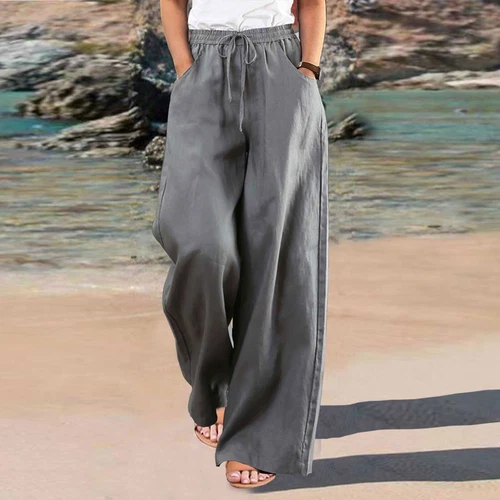 Women Cotton Linen Pants Solid Wide Leg Casual Loose Pants High Waist Trousers - Bild 8 von 36