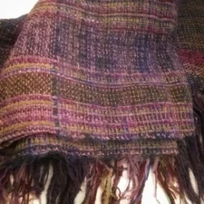 Handwoven wool shawl 21" x 72" purple blues magenta green