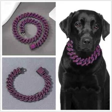 14/15mm Lab Diamond Dog Cuban Chain Collar Secure Buckle Pet Necklace Jewelry US
