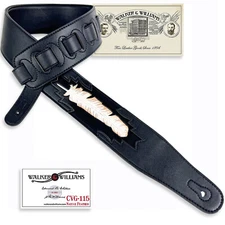 Walker & Williams CVG-115 Black Leather Padded Guitar Strap Hand Tooled Feather