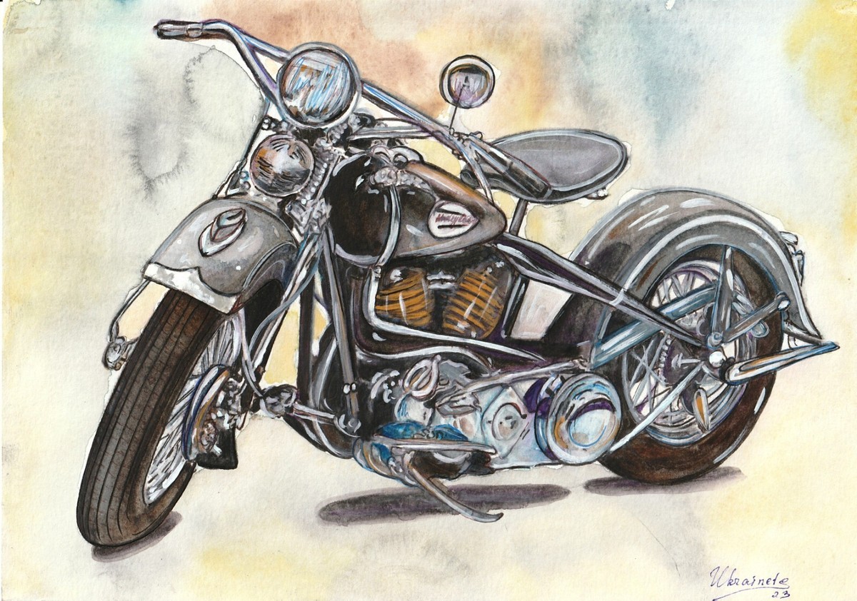 A pencil drawing of a Harley Davidson trike, highlighting the bike's sleek design and powerful engine