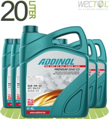 5x4 Liter Addinol Premium 0540 C3 5W-40 Motoröl für viele VW Audi MB BMW FIAT
