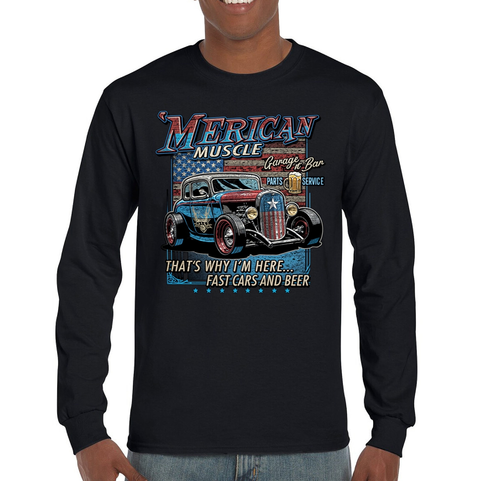 ALTRA T shirt a maniche lunghe 'Merican Muscle Fast Cars and Beer Hot Rod Car Show America