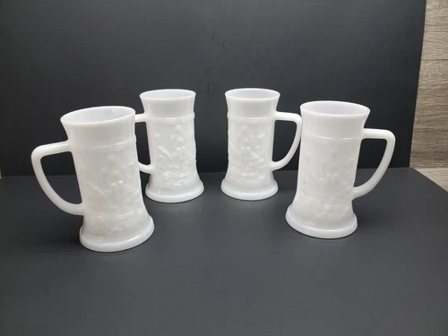 Set of 4 Vtg Federal White Milk Glass Mug Beer Stein Tavern Relief Bar Scene USA