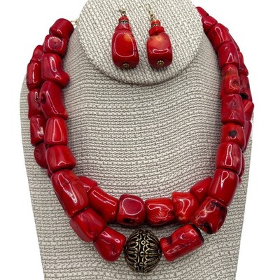 Studio Barse Chunky Red Coral and Bronze 2-Strand Necklace 16'' & Earrings